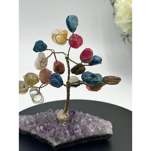Handmade Multi-Color Gemstone Wire Tree on Amethyst Crystal Base 4.25” Decor - Picture 11 of 13